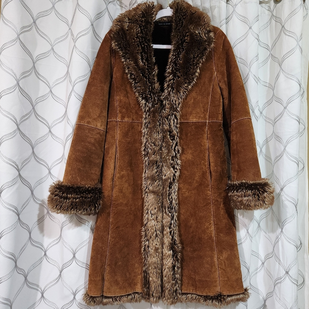 VTG Leather Suede Brown Faux Fur Trim Penny Lane Coat Wilson's Size Small S EUC
